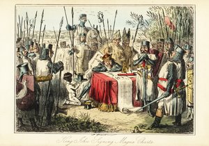 Kong John omgivet af baroner og biskopper, der underskrev Magna Carta ved Runnymede