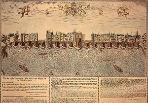 Udsigten over London Bridge fra øst til vest, genoptryk af en gravering fra 1624 af John (after) Norden
