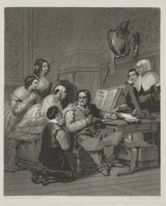 The Family of Cromwell interceding for The Life of Charles I, tryk lavet af Alfred Johannot (mezzotint) af John (after) Sartain