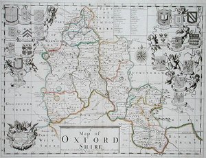 Kort over Oxfordshire, graveret og håndkoloreret af John Oliver og Richard Palmer, udgivet af Philip Lea, ca. 1690 (farvegravering) af John (after) Sellar