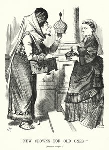 Punch tegnefilm: Nye kroner til gamle. Benjamin Disraeli (som Aladdin) med dronning Victoria - Royal Titles Act 1876, der anerkender dronningen som kejserinde af Indien (gravering)