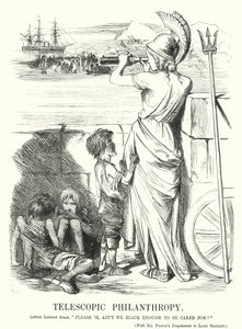 Punch tegneserie: Telescopic Philanthropy - den victorianske middelklasses optagethed af hjælp til de fattige i udlandet, ret solbrun derhjemme (gravering)