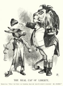 Punch tegneserie: The Real Cap of Liberty - Storbritanniens konstitutionelle monarkis overlegenhed over republikanisme (gravering) af John (after) Tenniel