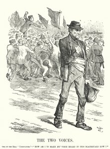 Punch tegnefilm: The Two Voices - arbejdsløshed og social uro i det victorianske Storbritannien (gravering) af John (after) Tenniel