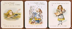 Tre "Happy Family"-kort med figurer fra "Alice i Eventyrland" af Lewis Carroll (litografi i farver)