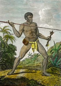 Afbildning af en mand fra Ny Kaledonien, der kaster et spyd. I den anden hånd holder han en kølle, ca. 1800 (kobberstik)