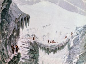 Klatring af Mont Blanc, klatrere suspenderet fra sprække, akvarel, Frankrig af Walter Charles Mills