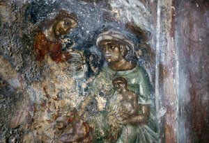Fresco of Holy Family, Byzantine Church of Ayios Stephanos, Drakona, Kreta, Grækenland (foto) af Walter Charles Mills