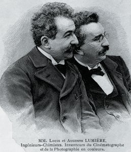 Portræt af Auguste Marie Louis Nicolas Lumiere (1862-1954) og Louis Jean Lumiere (1864-1948), franske iværksættere og opfindere af filmprojektor, gravering fra fotografi af Walter Charles Mills