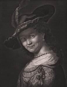 Portræt af Saskia van Uylenburgh (1612-1642), Rembrandts hustru, gravering af L Raab fra maleri af Rembrandt, fra Paynes Royal Dresden Gallery, af Albert Henry Payne, H Payne Dresden og Leipzig Publisher, ca. 1840 af Walter Charles Mills