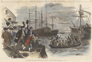 The Boston Tea Party? Destruktion af teen i Boston Harbor, 16. december 1773, fra Ballous Pictorial Drawing-Room Companion pub. 1865 (farvegravering) af John Andrew