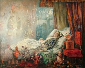 ""Le reve apres le bal masque"" (Drømmen efter maskebal) Peinture de John Anster Fitzgerald (1832-1906), - Olie på lærred, 35,5x44,5 - Privat samling af John Anster Fitzgerald