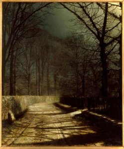 J.A.Grimshaw, månebelyst bane med to elskere ved en port / perle. af John Atkinson Grimshaw