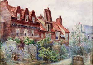 Huse i Silver Street fra All Saints Churchyard, Newcastle upon Tyne, 1886 kropsfarve, blyant og wc på papir af John Atlantic Stephenson