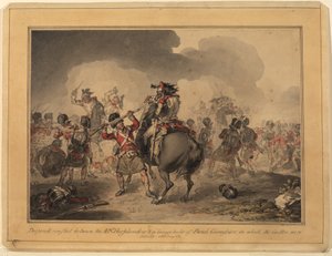 42nd Highlanders at Waterloo, 1815 (pen & blæk wc på papir) af John Augustus Atkinson