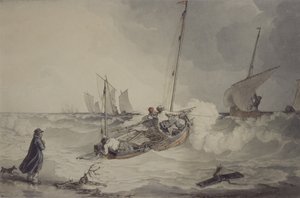 Fiskerbåde, der skal ud, akvarel af John Augustus Atkinson