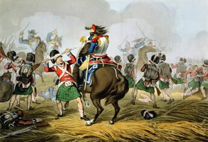 Franske Cuirassiers i slaget ved Waterloo, anklaget og besejret af Highlanders og Scots Greys, indgraveret af Matthew Dubourg (fl.1813-20) fra 