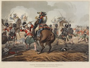 Franske Cuirassiers i slaget ved Waterloo angrebet og besejret af Highlanders og Scotch Greys, indgraveret af M. Dubourg, 1819 (farvet akvatint)