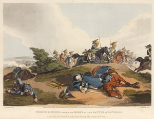 Prins Blucher under sin hest i slaget ved Waterloo, da det franske kavaleri angreb ham, graveret af M. Dubourg, 1819 (akvaratint i farver)