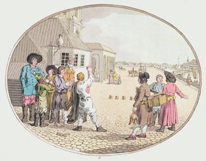 Russisk landsbyscene, tidligt i det 19. århundrede (håndfarvet radering) af John Augustus Atkinson