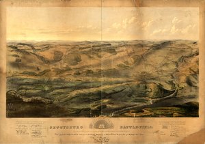 Gettysburg slagmark. Slaget udkæmpet ved Gettysburg, Pa., 1., 2. og 3. juli 1863 af de føderale og konfødererede hære, kommanderet af henholdsvis genl. G. G. Meade og Genl. Robert E. Lee af John Bachelder