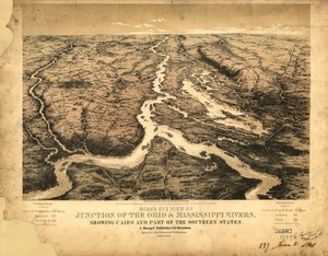 Fugleperspektiv af sammenløbet af floderne Ohio og Mississippi, der viser Cairo og en del af de sydlige stater LOC 99447003