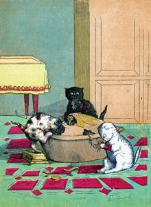 Tre små killinger iført vanter og spiser en tærte, Illustration fra "Three Little Kittens" 1859