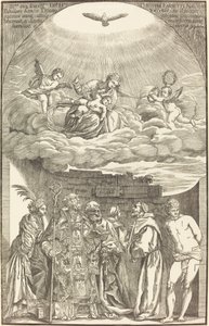 Jomfruen i skyer og seks hellige af John Baptist Jackson after Titian