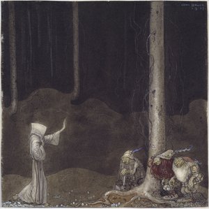 Frere Martin et les trois trolde - Broder Martin og tre trolde, af Bauer, John (1882-1918). Akvarel på papir af John Bauer