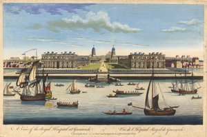 Udsigt over det kongelige hospital i Greenwich, ca. 1770 (farvelagt radering) af John Bowles
