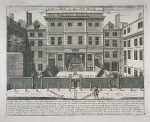 Udsigt over Justice Hall, Old Bailey, ca. 1740