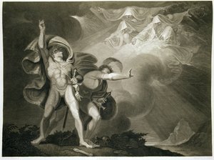 Macbeth, Banquo og de tre hekse på heden i 1. akt, scene III af Macbeth af William Shakespeare (1564-1616) udgivet 1805
