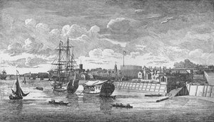 Woolwich Dockyard fra Themsen, c1750, 1912. Kunstnere: Ukendt, John Boydell.