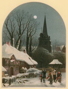 Victoriansk julescene med band, der spiller i sneen