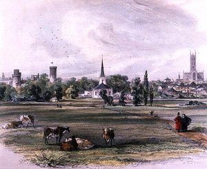 Warwick, fra St Nicholas Meadow (farvet blyant på papir)