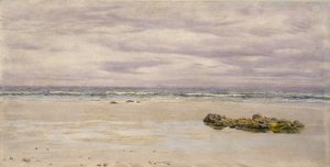 Kennack Sands, Cornwall, ved lavvande, 1877 (olie på pap, monteret som en tegning) af John Brett