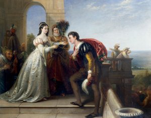 "Rosalinde et Orlando" Personnages de la piece de theatre "Comme il vous plaira" de William Shakespeare. (Rosalind og Orlando, fra Shakespeares "As You Like It") Peinture de John Bridges (1818-1854) Collection privee af John Bridges