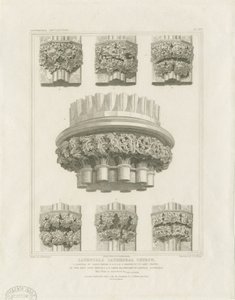 Interiør af Lichfield Cathedral - Klyngesøjle i kapitelhus og beslag i Lady Chapel: gravering, nd [c 1819] (tryk)