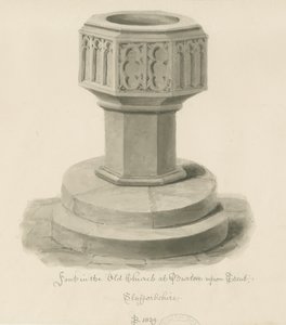 Burton-upon-Trent - Font i den gamle kirke: sepia-tegning af John Buckler
