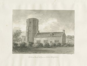 Dilhorne - Kirke og Gymnasium: sepia tegning af John Buckler