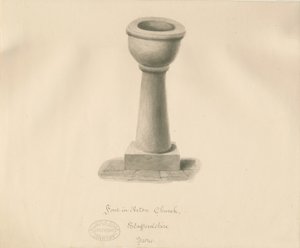 Skrifttype i Acton Trussell Church: sepia-tegning, 1841 af John Buckler