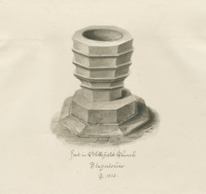 Skrifttype i Blithfield Church: sepia-tegning af John Buckler