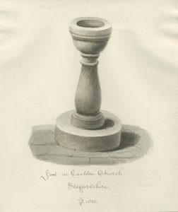 Font i Cauldon Church: sepia tegning af John Buckler