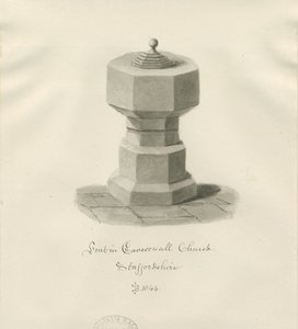 Skrifttype i Caverswall Church: sepia tegning af John Buckler