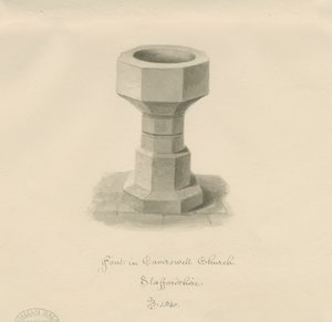Font i Caverswall Church: sepia-tegning, 1840 af John Buckler