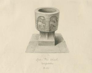 Skrifttype i Ilam Kirke: sepia tegning af John Buckler