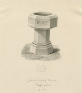 Font i Lapley Church: sepia vask tegning af John Buckler