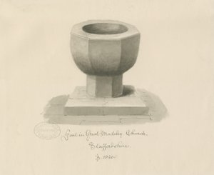Skrifttype i Madeley Church: sepia tegning af John Buckler