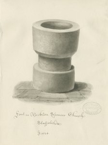 Skrifttype i Rushton Spencer Church: sepia vask tegning af John Buckler