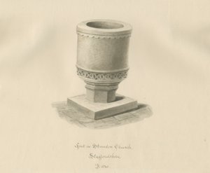 Skrifttype i Standon Church: sepia tegning af John Buckler
